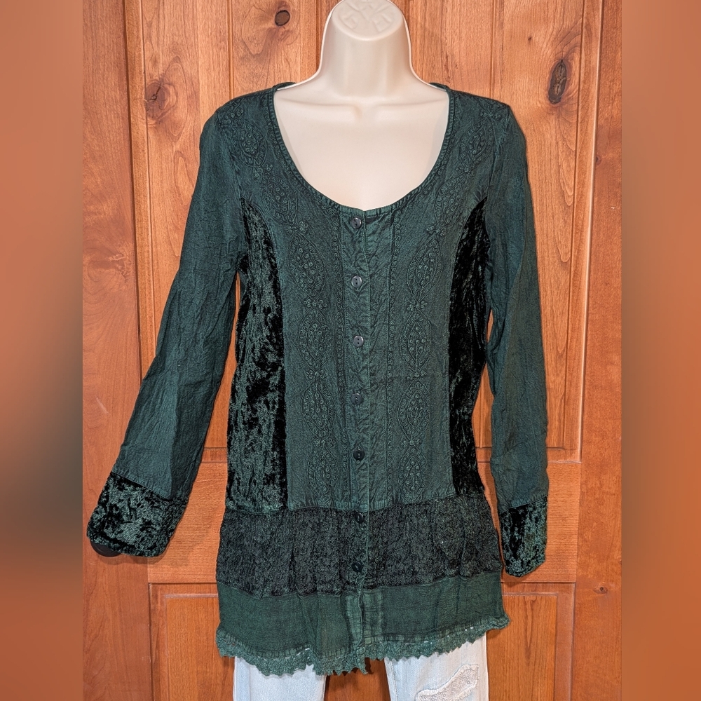 Soft Surroundings Dark Green Velvet Button‎ Down Shirt